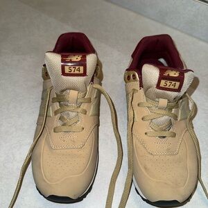 New Balance 574 Tan and Maroon Sneakers